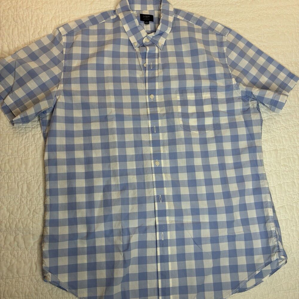 Men’s Blue White Check Button Down Short Sleeve Shirt Size L Lightweight Cotton
